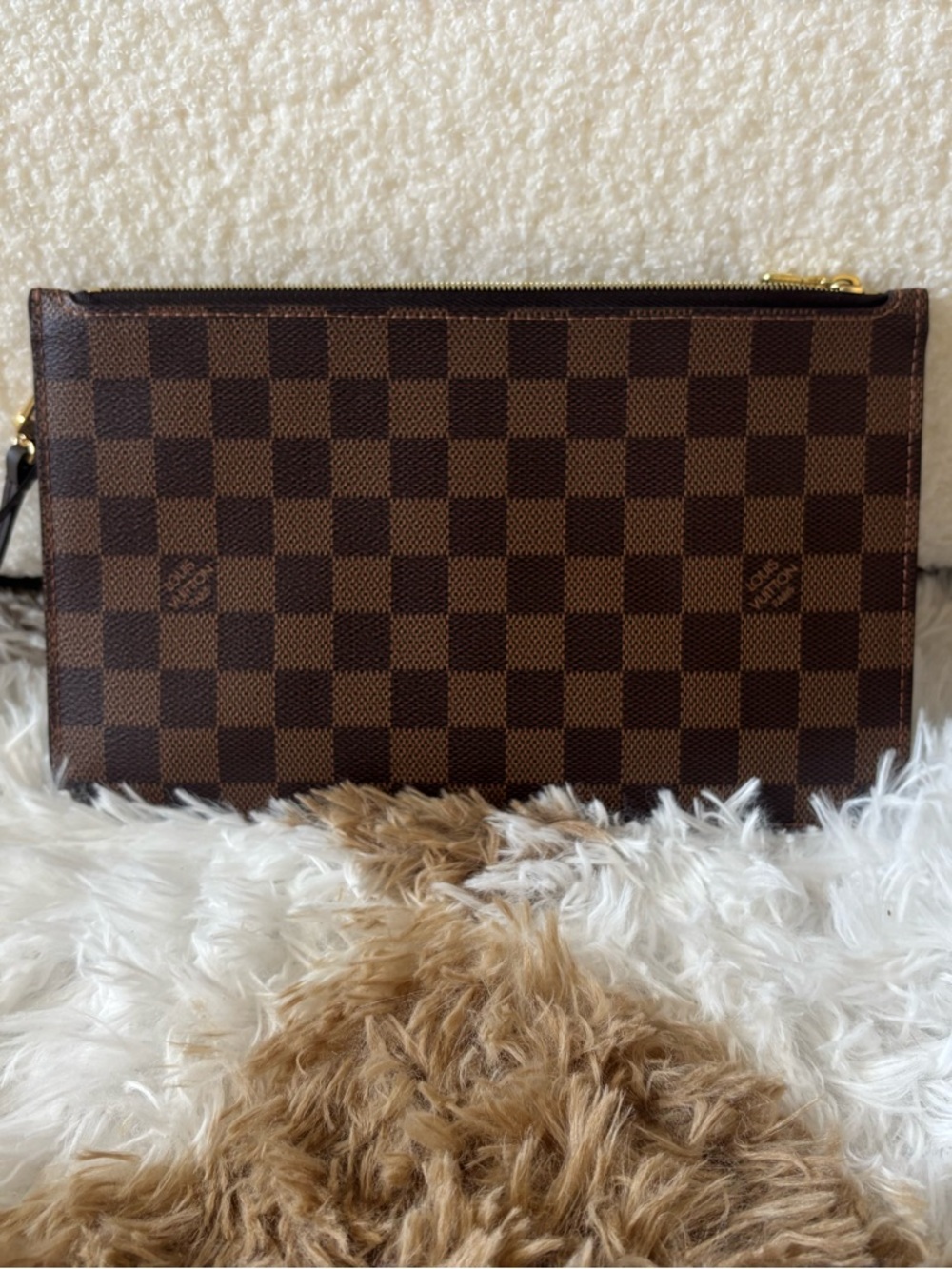 Louis Vuitton Damier Ebene Pouchette with Gold Hardware and Red Lining